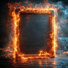 Wall Mural - A flaming chalkboard frame surrounded by smoky ambiance, showcasing a dramatic contrast of fire and darkness