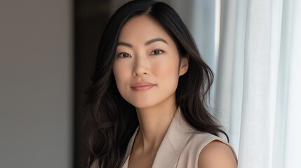 Poster - A graceful woman stands near a window, her long dark hair cascading gently over her shoulders. Soft light filters in, illuminating her calm expression and stylish attire