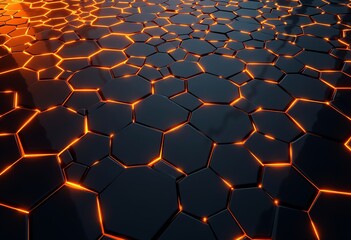 Poster - Black Hexagon 3D with Fire Lighting: High-Tech Design, Modern Wallpaper, Contemporary Digital Art

