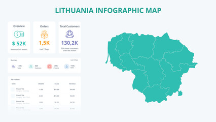  Business Growth Infographic Map of Lithuania. Orders, Customers, Sales Overview & product Infographic Map of Lithuania. Easy to edit