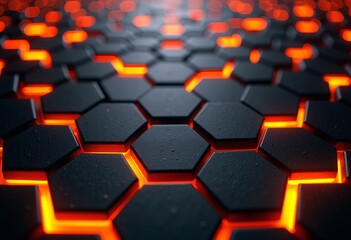 Poster - 3D Black Hexagon with Orange Fire: Modern High-Tech Wallpaper, Contemporary Design, Digital Art

