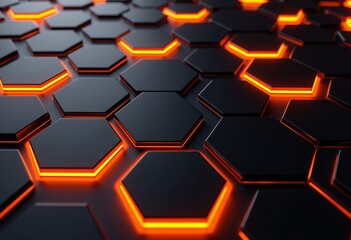 Poster - Orange Fire Lighting on Black Hexagonal 3D: Modern Wallpaper, High-Tech Design, Contemporary Art

