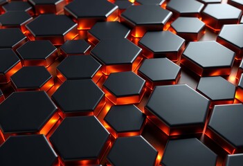 Poster - Black Hexagonal 3D Background: Orange Fire Lighting, Modern High-Tech Design, Contemporary Wallpaper

