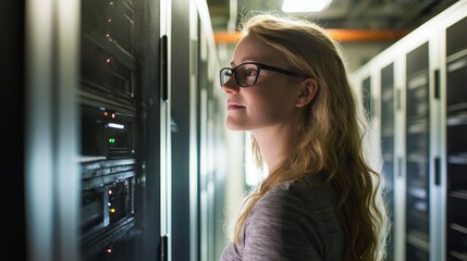 Poster - A dedicated technician with glasses inspects a row of server racks in a sleek data center. The ambient lighting highlights her focused expression, showcasing technology's allure