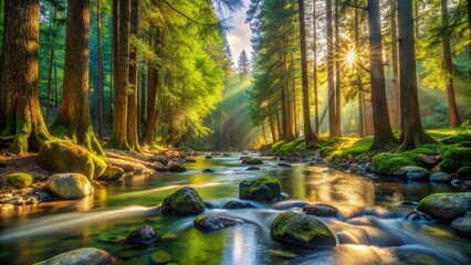 Wall Mural - Serene Forest Stream at Sunrise Sunbeams Illuminate Mossy Rocks and Lush Green Trees Reflecting in Crystal Clear Water