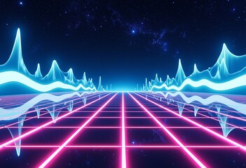 Poster - Retro 80s Arcade Space Grid: White Light Streaks, Sci-Fi Gaming Background, Vintage Neon Glow Effect

