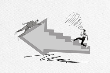 Aufkleber - Composite collage image of two black white gamma people hang running climb ladder huge arrow isolated on painted backgorund