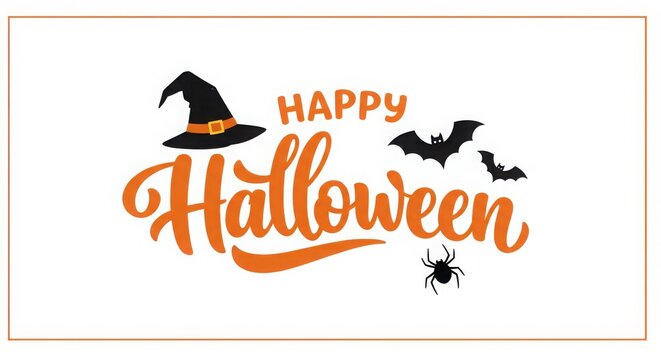 Halloween typography, orange cursive lettering, black witch hat, bat silhouette, spider icon, white background, festive holiday design, minimalist