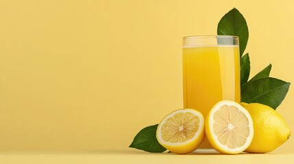 Wall Mural - Fresh lemon juice glass, slices, leaves, yellow background, healthy drink