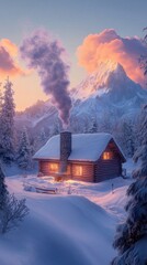 Aufkleber - Cozy cabin in a snowy mountain landscape with warm evening glow and swirling smoke at sunset