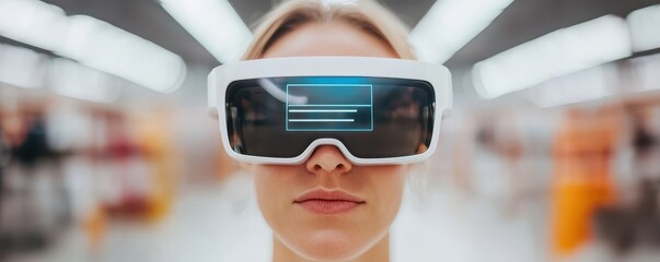 Poster - A person wearing VR goggles stands in a modern, illuminated environment, engaging with virtual technology.
