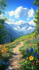 Aufkleber - Serene landscape with colorful wildflowers and majestic mountains under a bright blue sky
