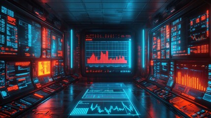 Poster - A high-tech control room featuring glowing screens, data visualizations, and futuristic design elements in vibrant blue and orange hues.