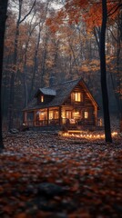 Aufkleber - cozy wooden cabin nestled in a serene forest during autumn twilight with soft lighting