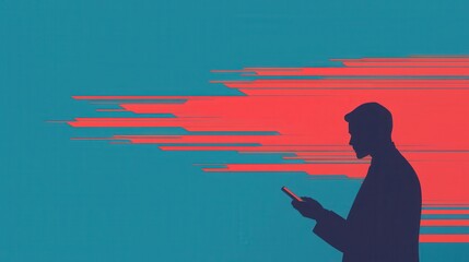 Poster - A silhouette of a person holding a smartphone against a vibrant background, suggesting themes of communication and technology.