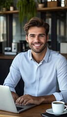Poster - Smiling Young Professional Working on His Laptop, Enjoying a Cup of Coffee in a Modern Office