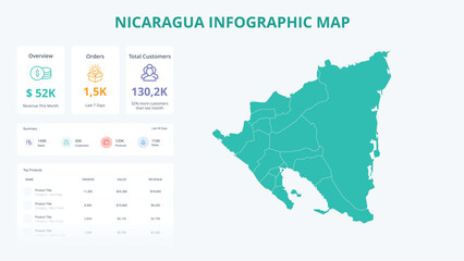  Business Growth Infographic Map of Nicaragua. Orders, Customers, Sales Overview & product Infographic Map of Nicaragua. Easy to edit