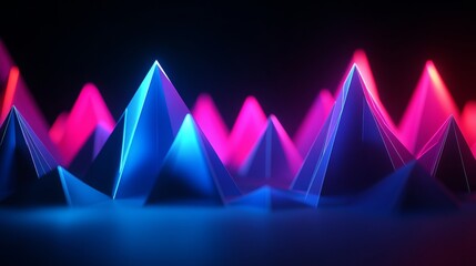 Poster - Abstract 3D Neon Landscape Glowing Triangular Peaks in Blue and Pink, Digital Art Background