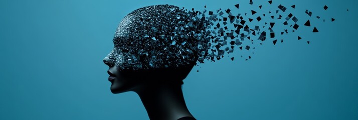 Aufkleber - Profile of a woman with her head exploding into small fragments dissolving in the air, representing stress, burnout, migraine, dementia, and mental health issues