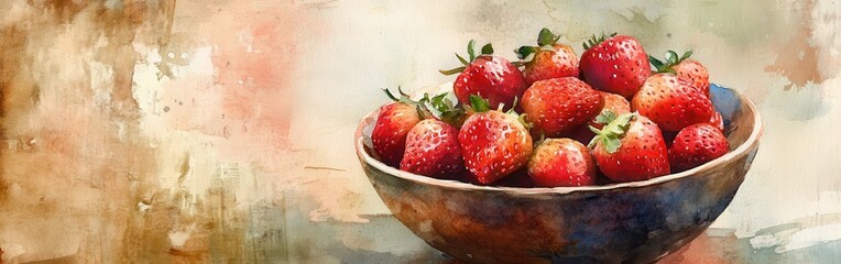 Aufkleber - Vibrant strawberries gathered in a rustic bowl against a watercolor backdrop in natural light