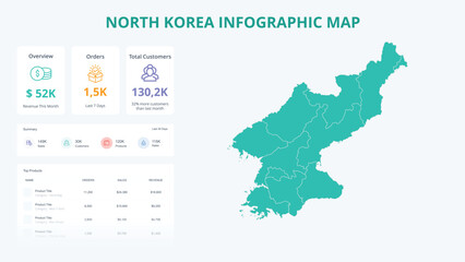 Naklejka na meble Business Growth Infographic Map of North Korea. Orders, Customers, Sales Overview & product Infographic Map of North Korea. Easy to edit