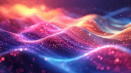 Poster - Vibrant iridescent gradient waves flowing through an abstract digital landscape under soft glowing light