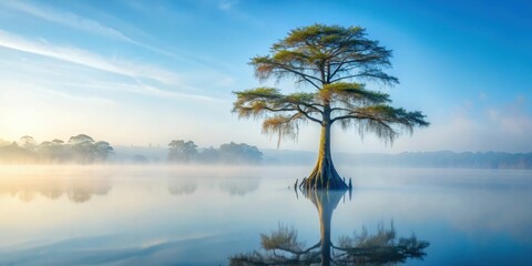 Canvas Print - Serene Dawn A solitary tree stands majestically in a tranquil lake, its reflection mirroring the peaceful morning mist.