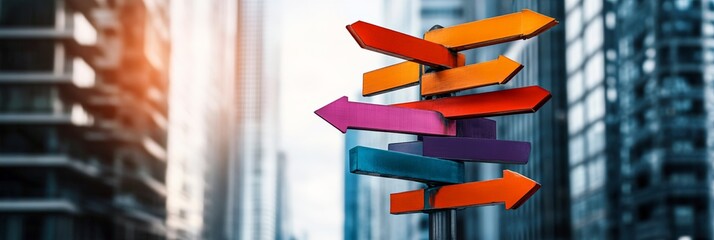 Poster - Colorful arrows on a signpost are pointing in different directions, symbolizing choices, opportunities, and career paths in a bustling urban environment with skyscrapers