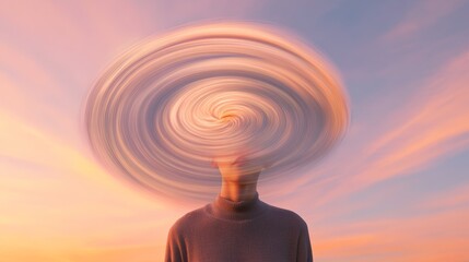 Poster - Woman stands against a vibrant sunset sky, her head obscured by a swirling vortex of colors, symbolizing the overwhelming influx of information and thoughts causing stress and mental exhaustion