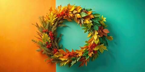 Wall Mural - Autumnal Wreath on Two-Toned Background A Festive Fall Decoration Featuring Vibrant Leaves and Berries