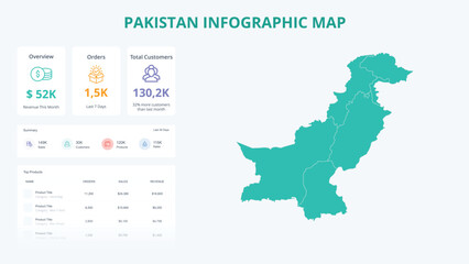  Business Growth Infographic Map of Pakistan. Orders, Customers, Sales Overview & product Infographic Map of Pakistan. Easy to edit