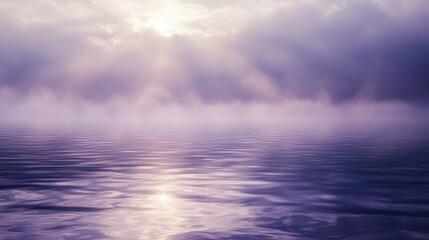 Poster - Sunlight pierces through mist over tranquil waters at dawn creating a serene atmosphere