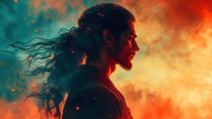 Poster - Portrait of a young man with long hair in a fiery environment during golden hour. Generative AI