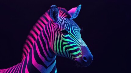 Poster - Colorful zebra head illuminated by vibrant neon lights against a dark background creating a striking visual. Generative AI