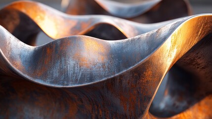 Aufkleber - Metal sculpture with dynamic waves reflecting light at an outdoor art installation location. Generative AI