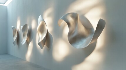 Poster - Modern abstract sculptures casting unique shadows in a minimalist gallery space. Generative AI