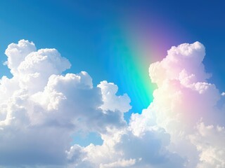 soft cumulus clouds against a blue sky with vibrant colors created by diffraction phenomenon, diffra