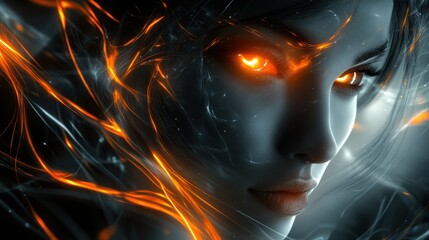 Poster - Mysterious figure with glowing orange eyes surrounded by swirling energy in a dark setting. Generative AI