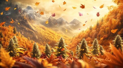 Poster - Vibrant autumn landscape with golden foliage and mountains under a warm sunset glow. Generative AI