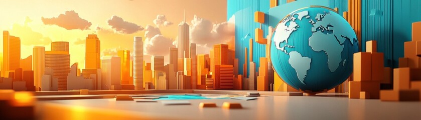 Poster - A vibrant cityscape at sunset features a globe, symbolizing global connectivity amidst towering buildings and a colorful skyline.