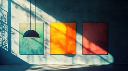 Aufkleber - Colorful abstract art panels illuminated by natural light in a modern minimalist gallery. Generative AI