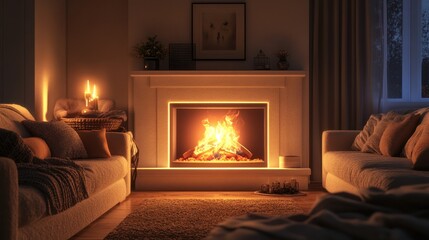 Poster - Cozy living room with a warm fireplace during a quiet evening glow. Generative AI