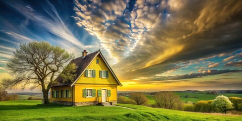 Wall Mural - Serene Yellow House on Rolling Green Hills Under a Dramatic Sunset Sky