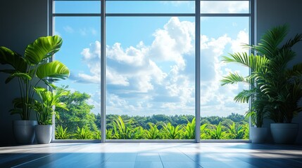 Poster - Bright indoor space with large windows showcasing vibrant greenery and a clear blue sky. Generative AI