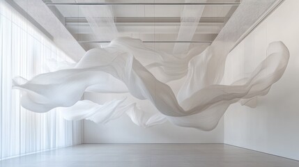 Poster - Whimsical fabric installation floating above a minimalist gallery space in afternoon light. Generative AI