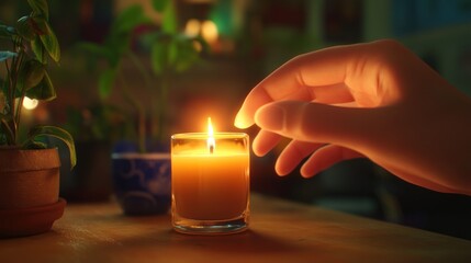 Poster - Hand reaching for a flickering candle flame in a cozy indoor setting filled with greenery. Generative AI