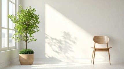Aufkleber - Natural sunlight illuminates a cozy interior with a plant and wooden chair during daytime. Generative AI