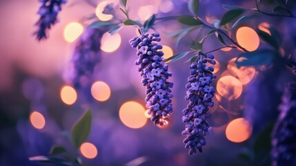 Aufkleber - Bokeh lights in deep plum and soft lilac hues create a dreamy atmosphere with hanging flowers in focus