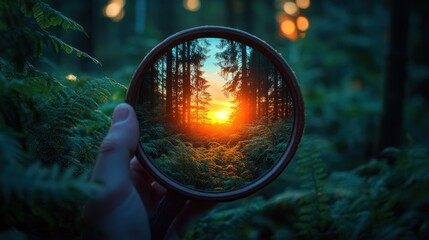 Poster - Sunset reflection in a circular mirror held in a forest during golden hour with vibrant foliage. Generative AI