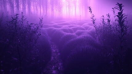 Poster - Misty forest landscape with purple hues and winding path through tall grass during early morning light. Generative AI